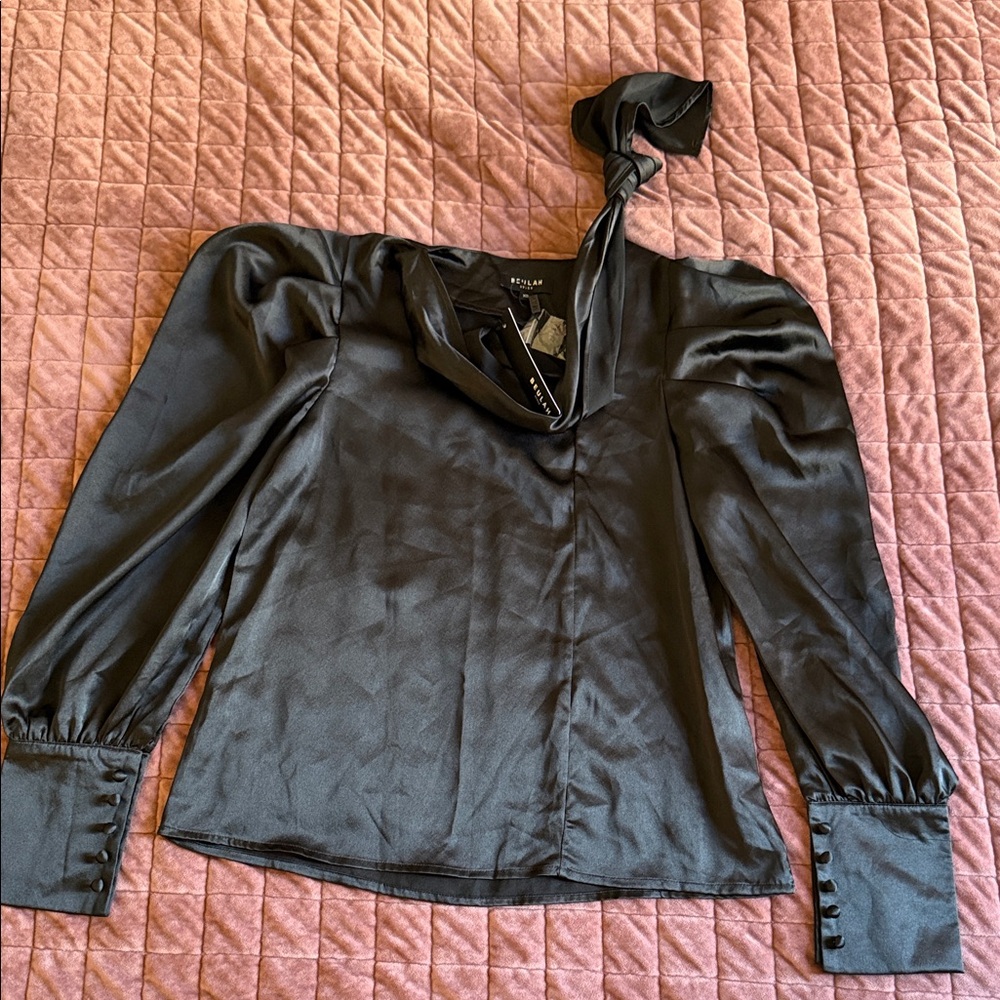 Beulah Black Satin Long-Sleeve Tie-Neck Blouse